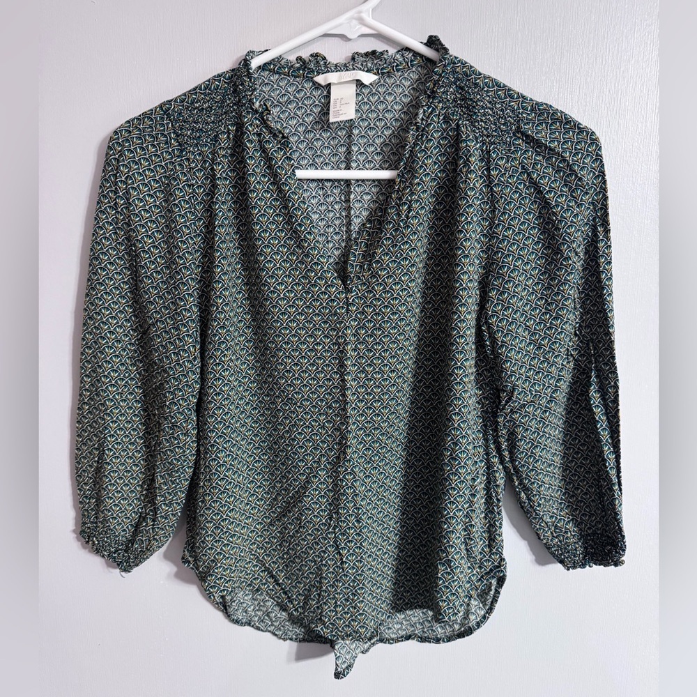 H&M Green Geometric Blouse Top Size 2 XS